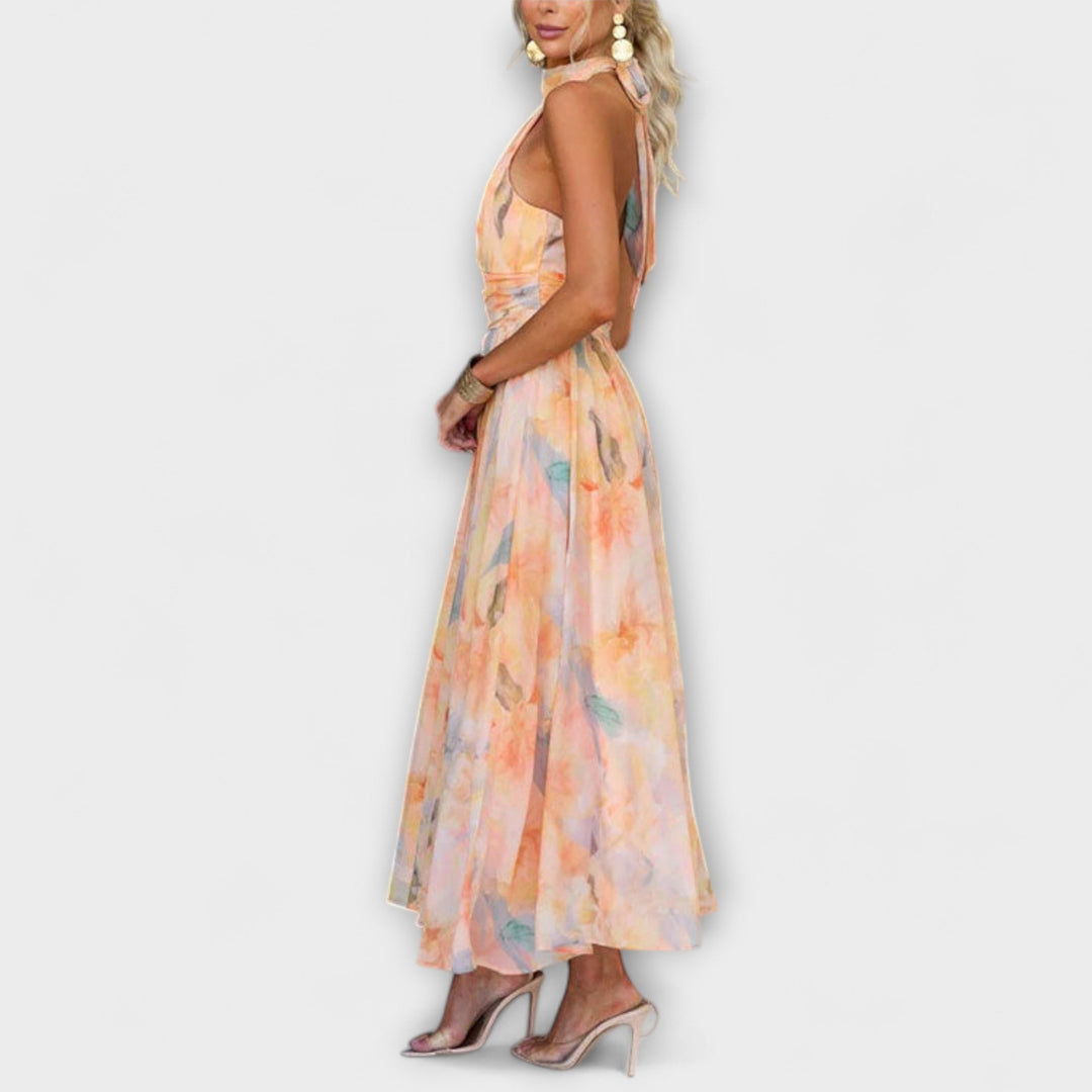 Aurora – Halter-Neck Watercolour Print Maxi Dress